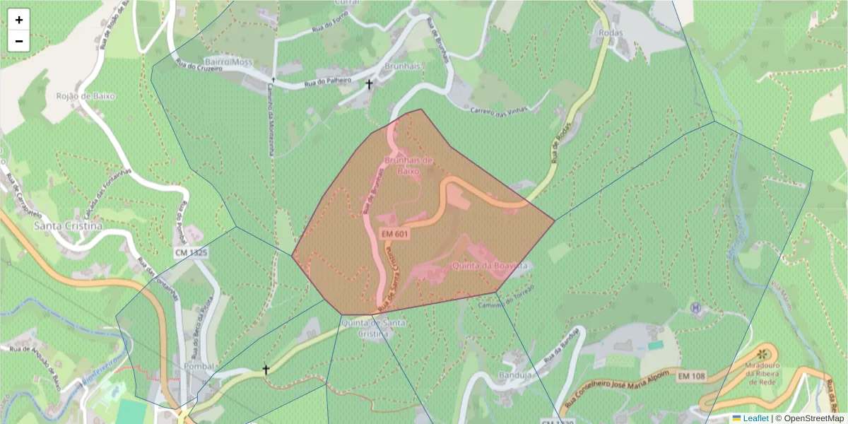 Mapa detalhado do código postal 5040-303 com limites, códigos postais vizinhos e agências dos correios