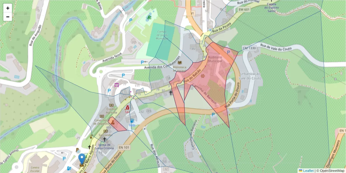Mapa detalhado do código postal 5040-314 com limites, códigos postais vizinhos e agências dos correios