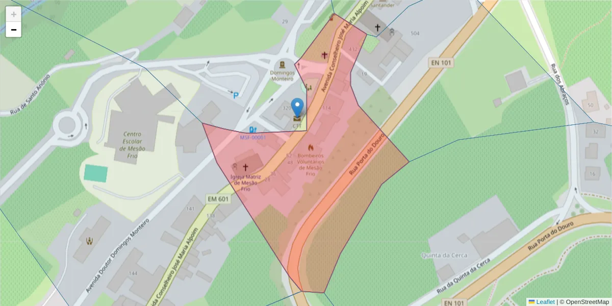 Mapa detalhado do código postal 5040-353 com limites, códigos postais vizinhos e agências dos correios