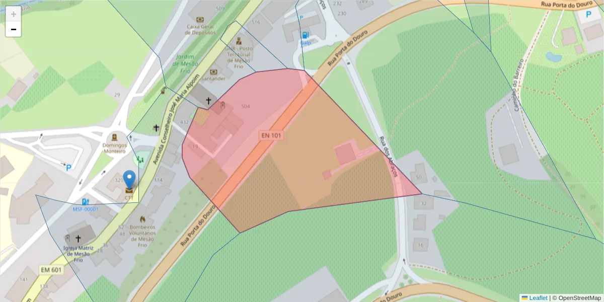 Mapa detalhado do código postal 5040-355 com limites, códigos postais vizinhos e agências dos correios