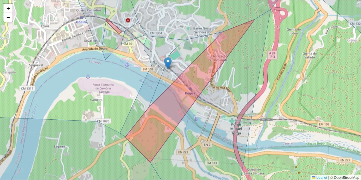 Mapa detalhado do código postal 5050-000 com limites, códigos postais vizinhos e agências dos correios