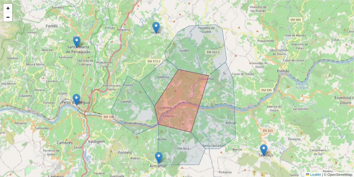 Mapa detalhado do código postal 5050-044 Galafura com limites, códigos postais vizinhos e agências dos correios