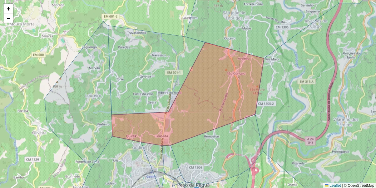 Mapa detalhado do código postal 5050-106 com limites, códigos postais vizinhos e agências dos correios