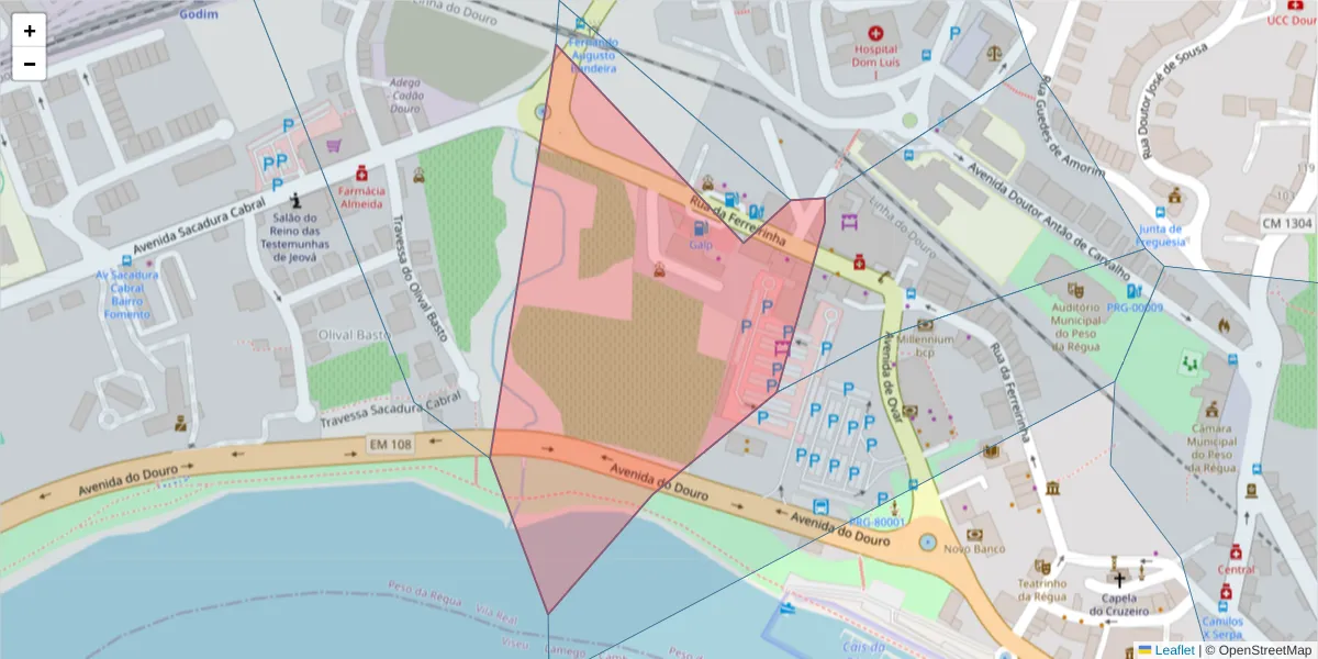 Mapa detalhado do código postal 5050-261 com limites, códigos postais vizinhos e agências dos correios