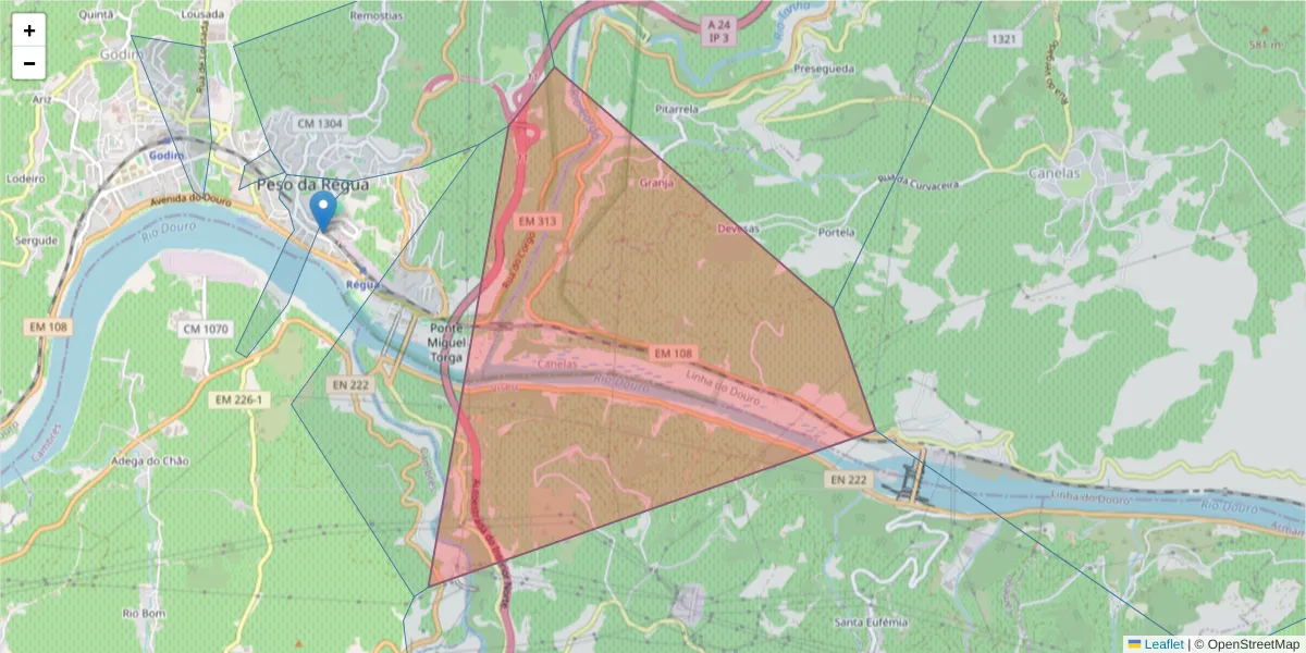 Mapa detalhado do código postal 5050-364 com limites, códigos postais vizinhos e agências dos correios