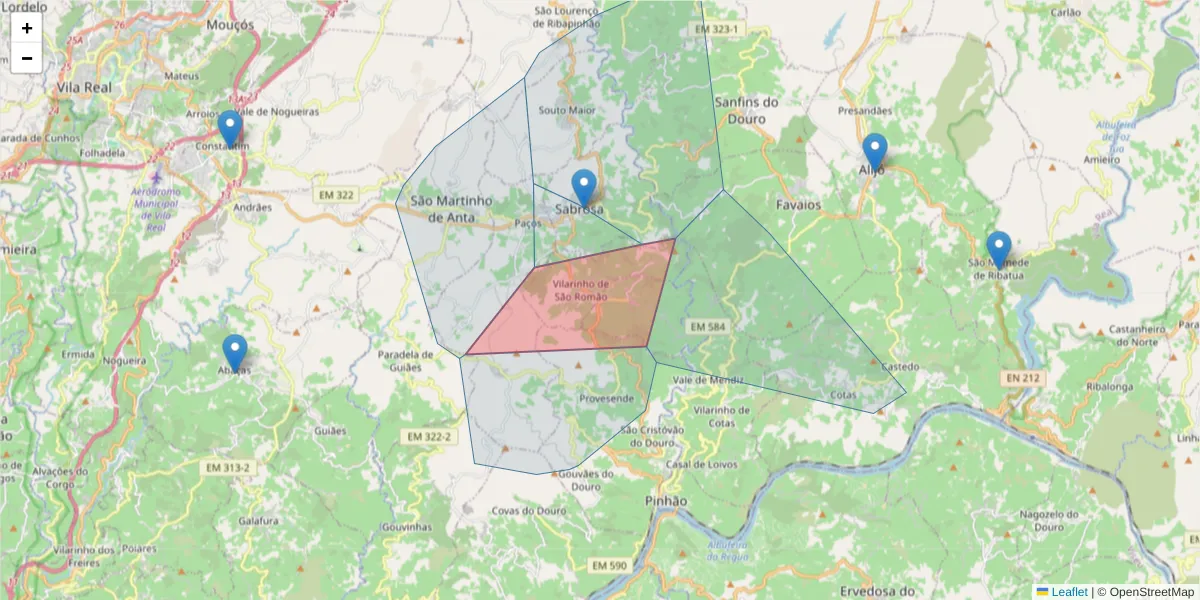 Mapa detalhado do código postal 5060-011 com limites, códigos postais vizinhos e agências dos correios