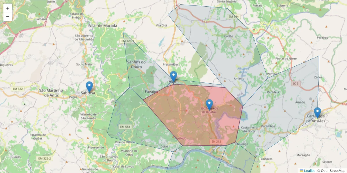 Mapa detalhado do código postal 5070-021 com limites, códigos postais vizinhos e agências dos correios