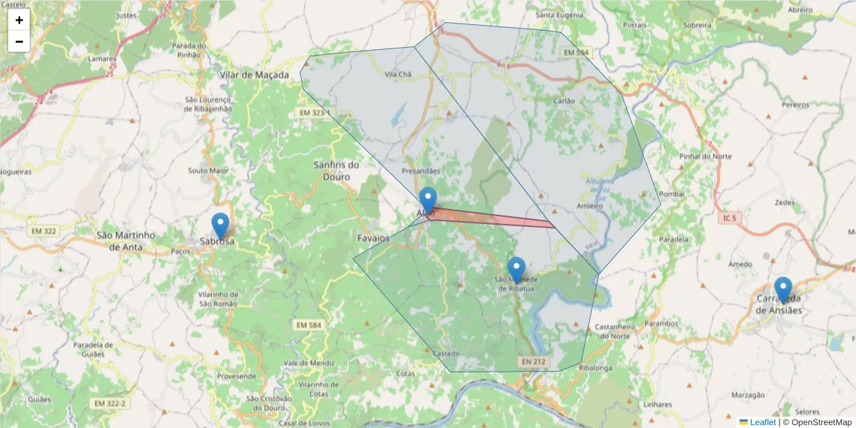 Mapa detalhado do código postal 5070-031 com limites, códigos postais vizinhos e agências dos correios