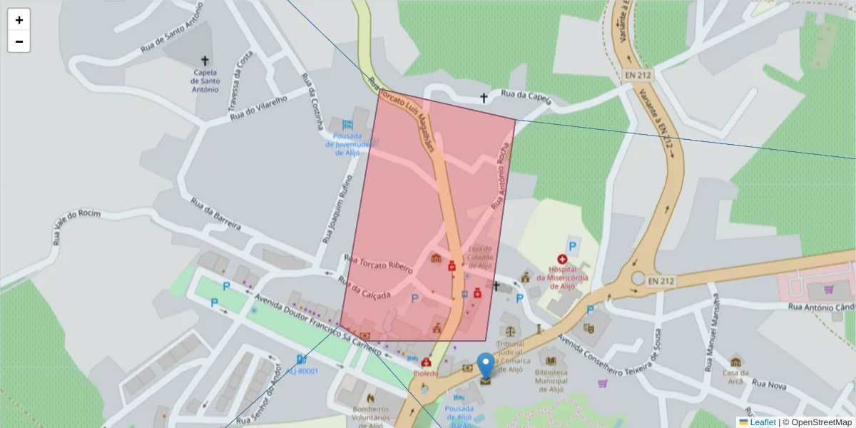 Mapa detalhado do código postal 5070-051 Alijó com limites, códigos postais vizinhos e agências dos correios