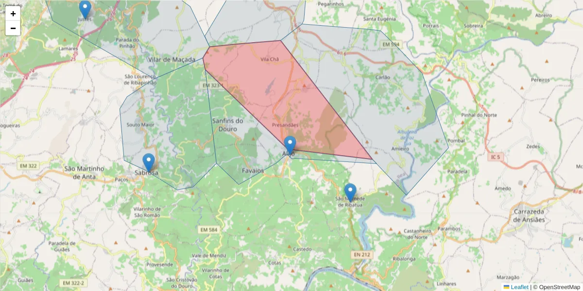 Mapa detalhado do código postal 5070 Alijó com limites, códigos postais vizinhos e agências dos correios