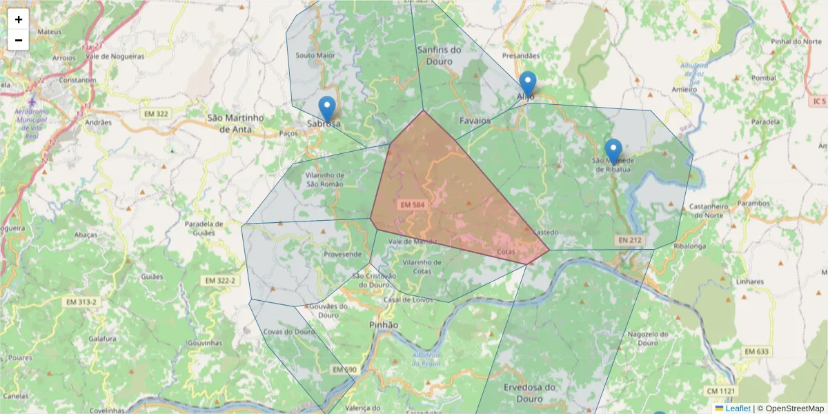 Mapa detalhado do código postal 5085-101 com limites, códigos postais vizinhos e agências dos correios