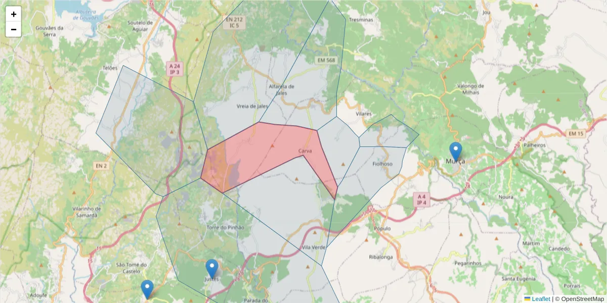 Mapa detalhado do código postal 5090-031 com limites, códigos postais vizinhos e agências dos correios