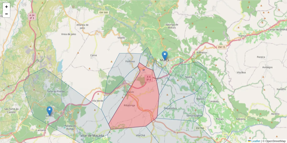 Mapa detalhado do código postal 5090-051 com limites, códigos postais vizinhos e agências dos correios