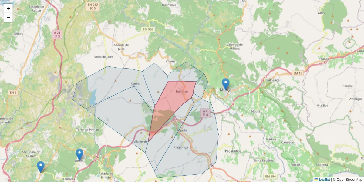 Mapa detalhado do código postal 5090-052 com limites, códigos postais vizinhos e agências dos correios