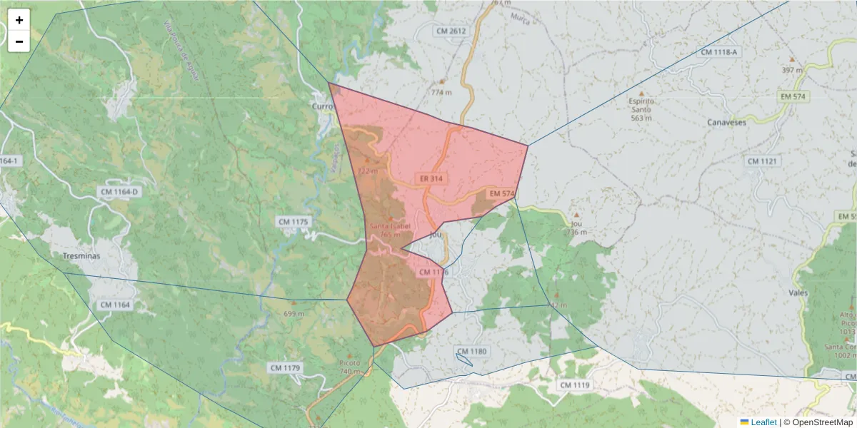 Mapa detalhado do código postal 5090-076 com limites, códigos postais vizinhos e agências dos correios