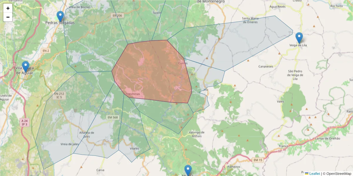 Mapa detalhado do código postal 5090-079 com limites, códigos postais vizinhos e agências dos correios