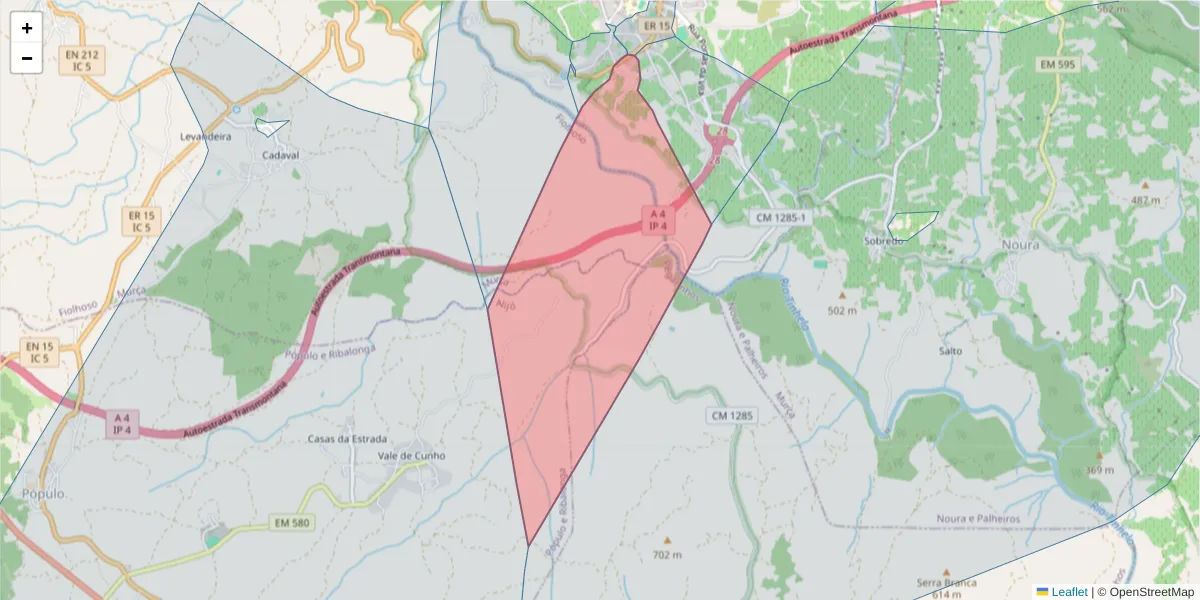 Mapa detalhado do código postal 5090-104 com limites, códigos postais vizinhos e agências dos correios