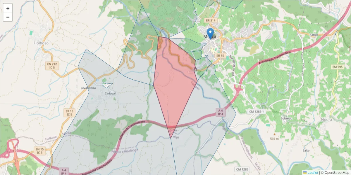 Mapa detalhado do código postal 5090-105 com limites, códigos postais vizinhos e agências dos correios