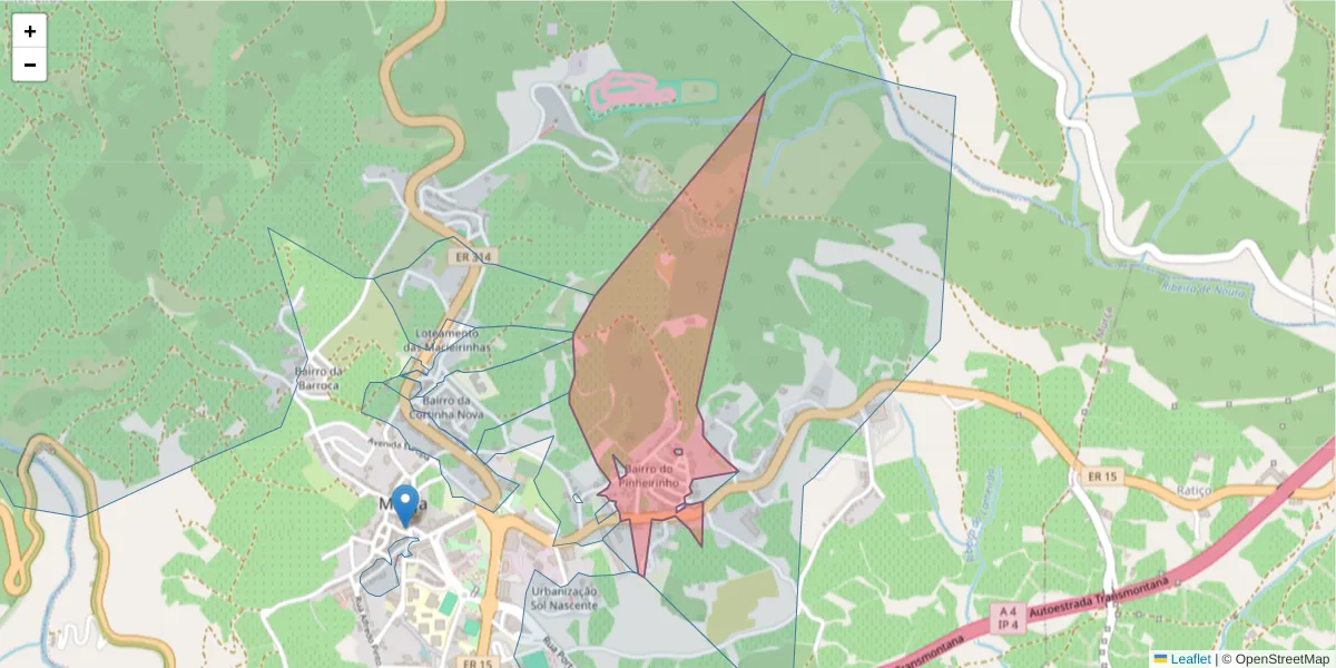 Mapa detalhado do código postal 5090-106 com limites, códigos postais vizinhos e agências dos correios