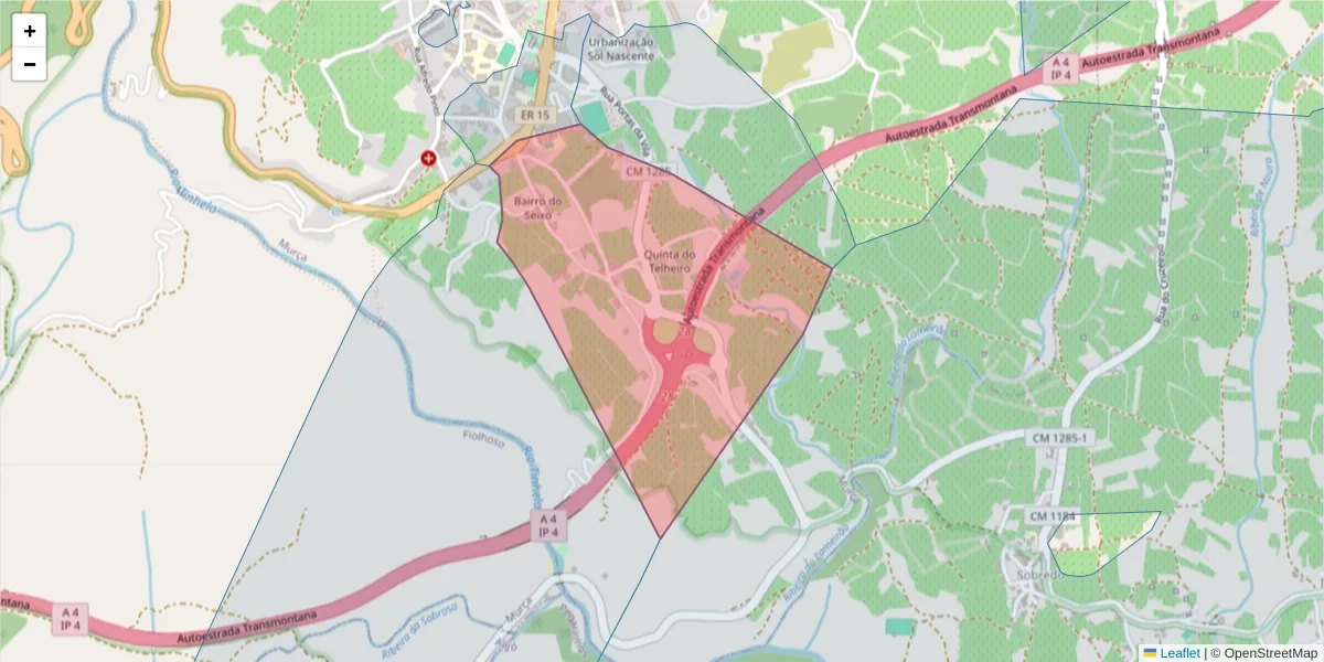 Mapa detalhado do código postal 5090-107 com limites, códigos postais vizinhos e agências dos correios