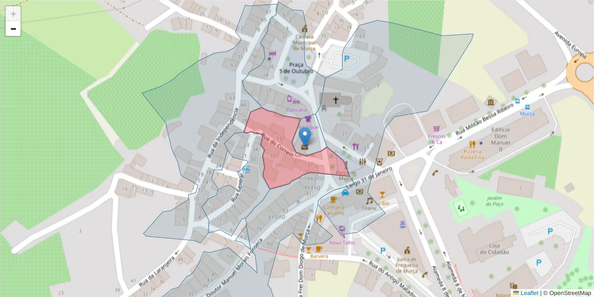 Mapa detalhado do código postal 5090-129 com limites, códigos postais vizinhos e agências dos correios