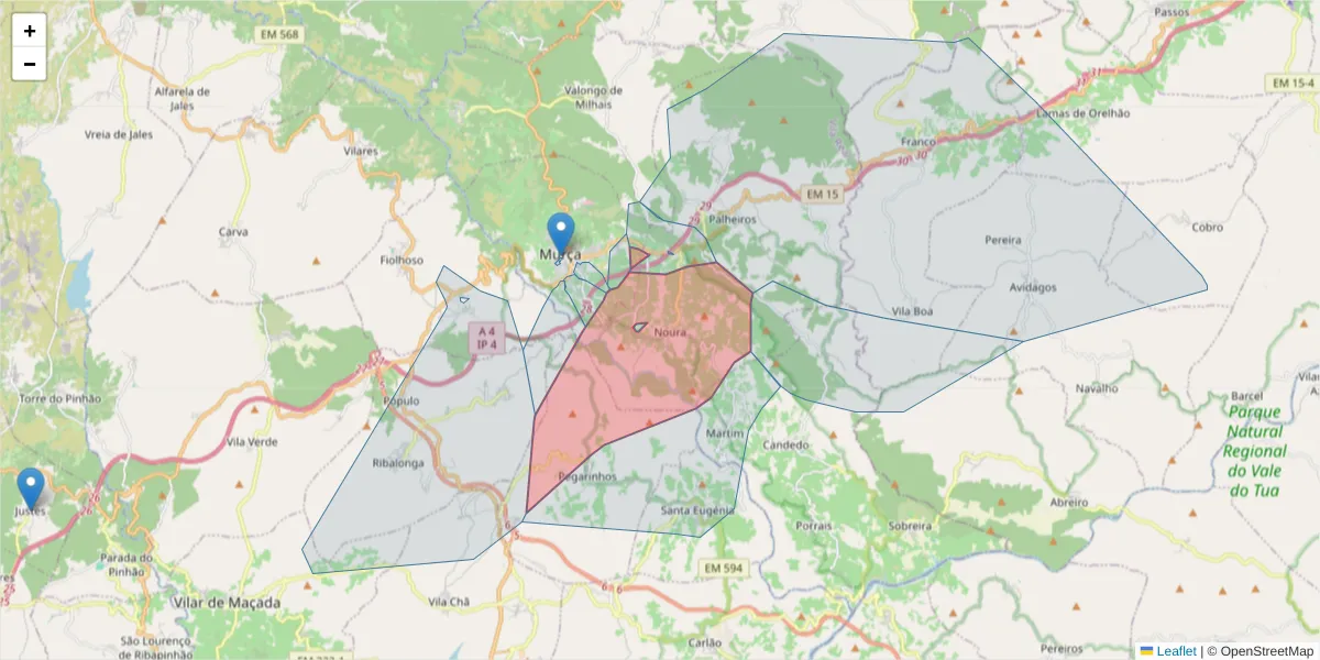 Mapa detalhado do código postal 5090-200 com limites, códigos postais vizinhos e agências dos correios