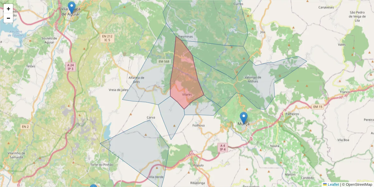 Mapa detalhado do código postal 5090-232 com limites, códigos postais vizinhos e agências dos correios