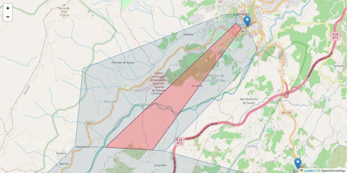 Mapa detalhado do código postal 5100-096 com limites, códigos postais vizinhos e agências dos correios