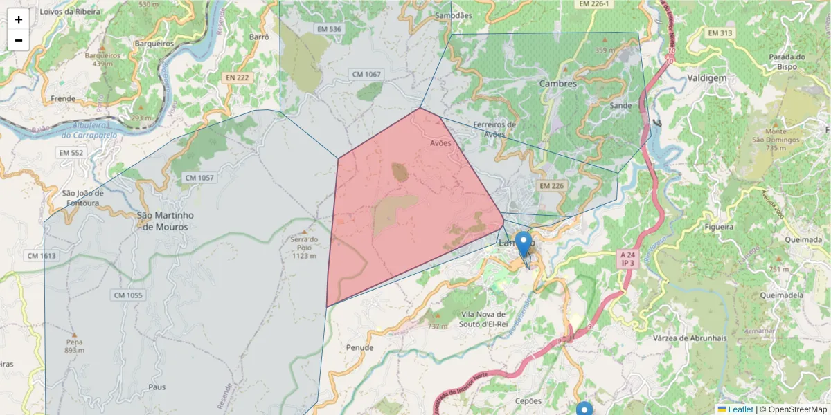 Mapa detalhado do código postal 5100-190 com limites, códigos postais vizinhos e agências dos correios