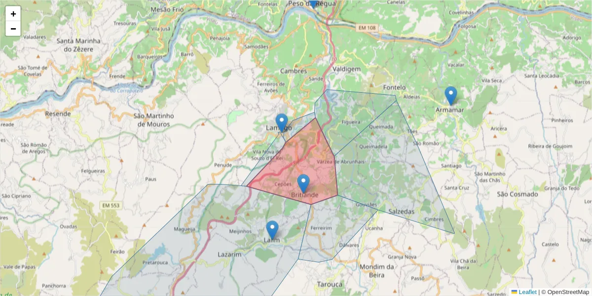 Mapa detalhado do código postal 5100-196 com limites, códigos postais vizinhos e agências dos correios