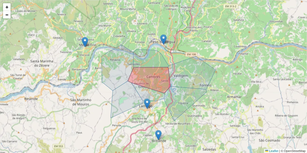 Mapa detalhado do código postal 5100-417 com limites, códigos postais vizinhos e agências dos correios