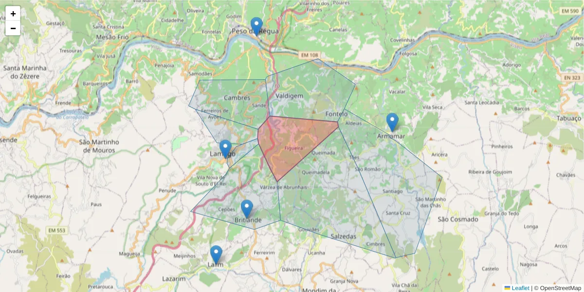 Mapa detalhado do código postal 5100-530 com limites, códigos postais vizinhos e agências dos correios