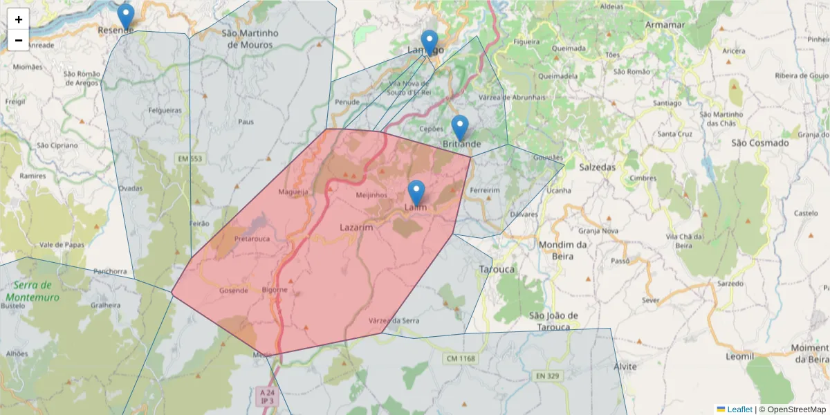 Mapa detalhado do código postal 5100-550 com limites, códigos postais vizinhos e agências dos correios