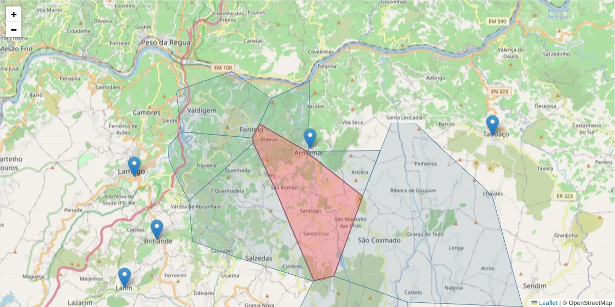 Mapa detalhado do código postal 5110-122 com limites, códigos postais vizinhos e agências dos correios