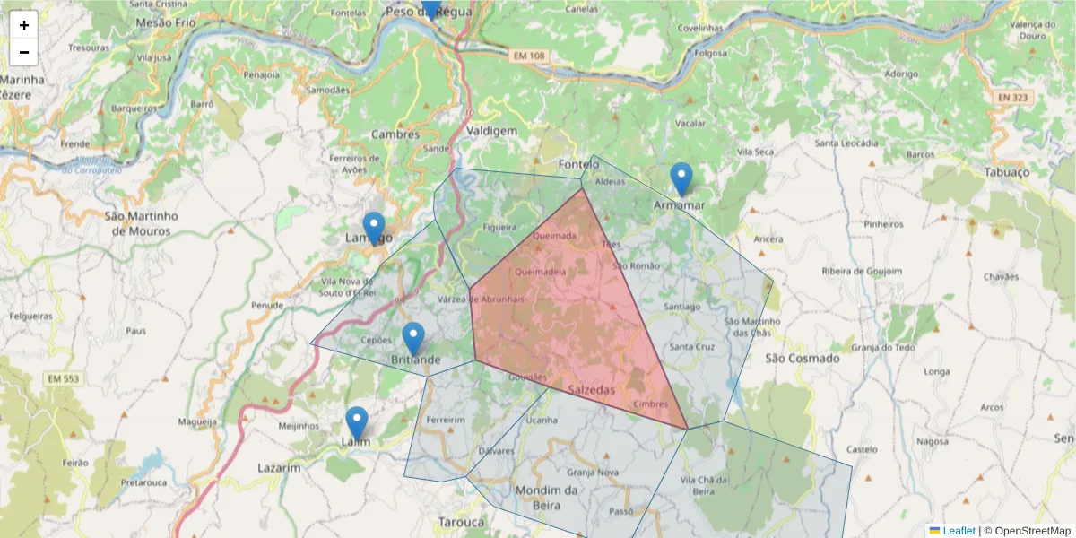 Mapa detalhado do código postal 5110-461 com limites, códigos postais vizinhos e agências dos correios