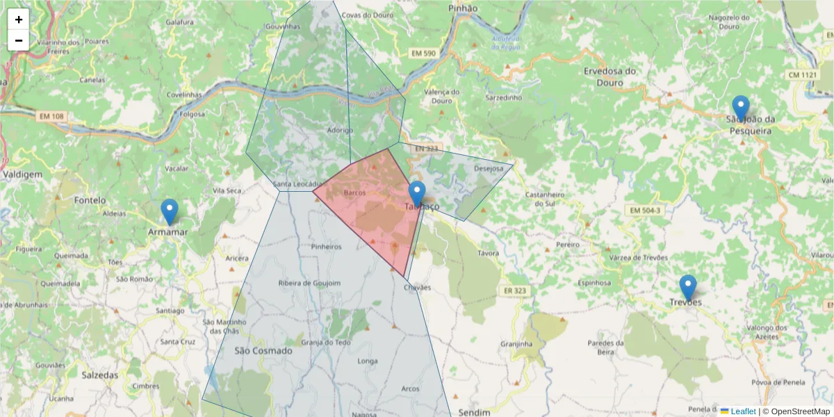 Mapa detalhado do código postal 5120-999 com limites, códigos postais vizinhos e agências dos correios