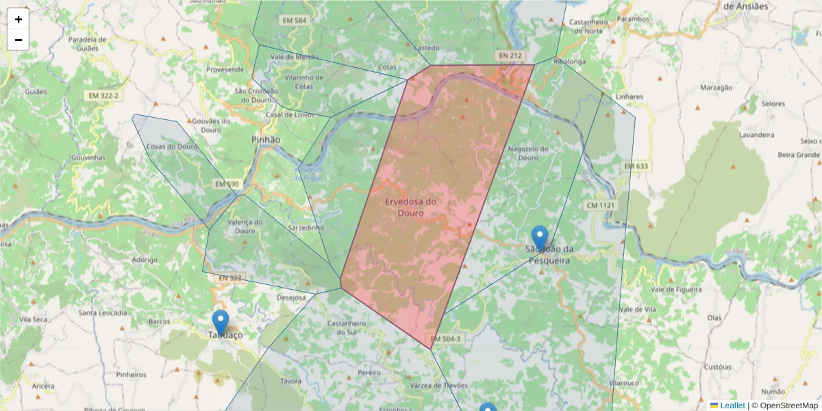 Mapa detalhado do código postal 5130-065 com limites, códigos postais vizinhos e agências dos correios