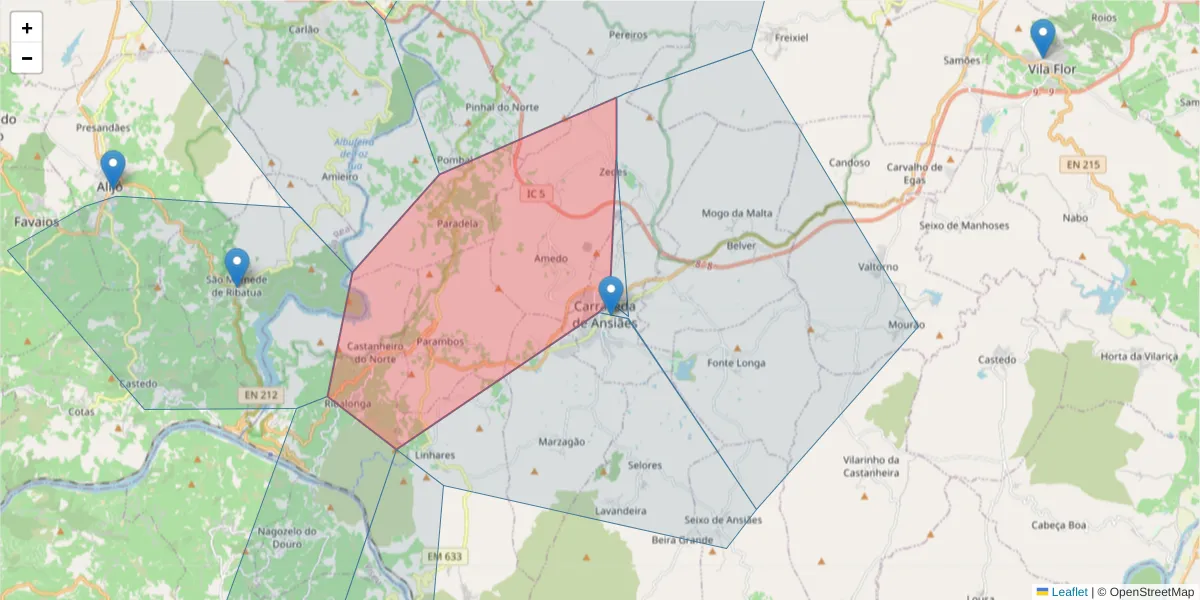 Mapa detalhado do código postal 5140-073 com limites, códigos postais vizinhos e agências dos correios