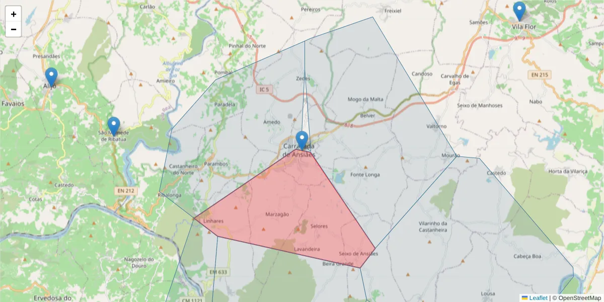 Mapa detalhado do código postal 5140-999 com limites, códigos postais vizinhos e agências dos correios