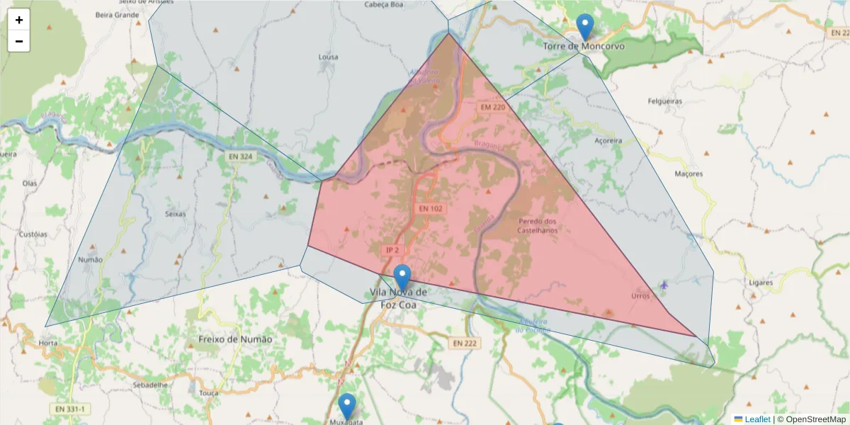 Mapa detalhado do código postal 5150 com limites, códigos postais vizinhos e agências dos correios