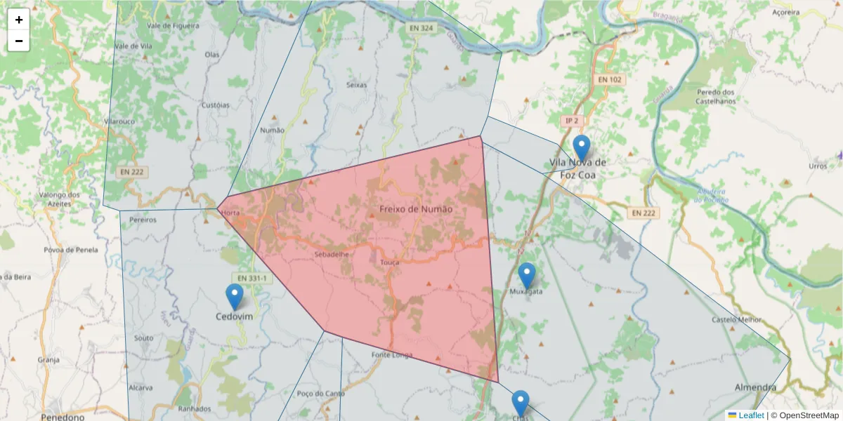 Mapa detalhado do código postal 5155-235 com limites, códigos postais vizinhos e agências dos correios