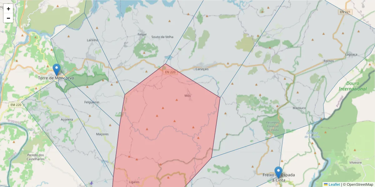 Mapa detalhado do código postal 5160-152 com limites, códigos postais vizinhos e agências dos correios