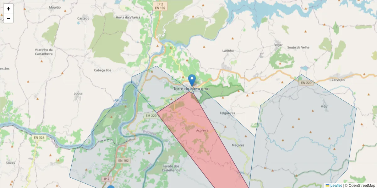Mapa detalhado do código postal 5160-206 com limites, códigos postais vizinhos e agências dos correios