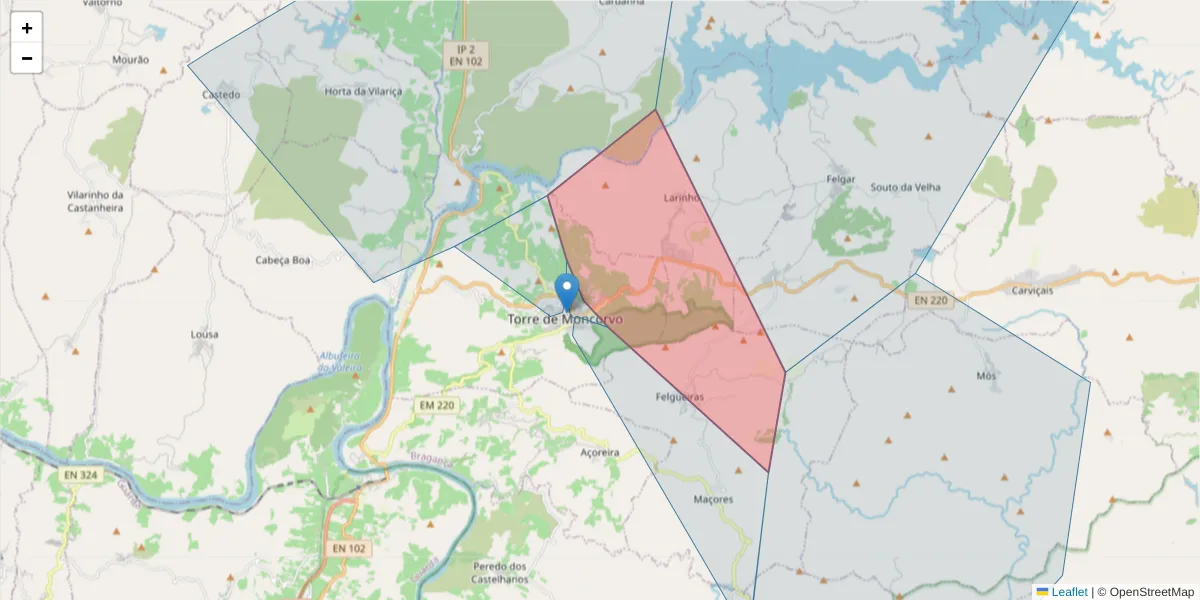 Mapa detalhado do código postal 5160-310 com limites, códigos postais vizinhos e agências dos correios