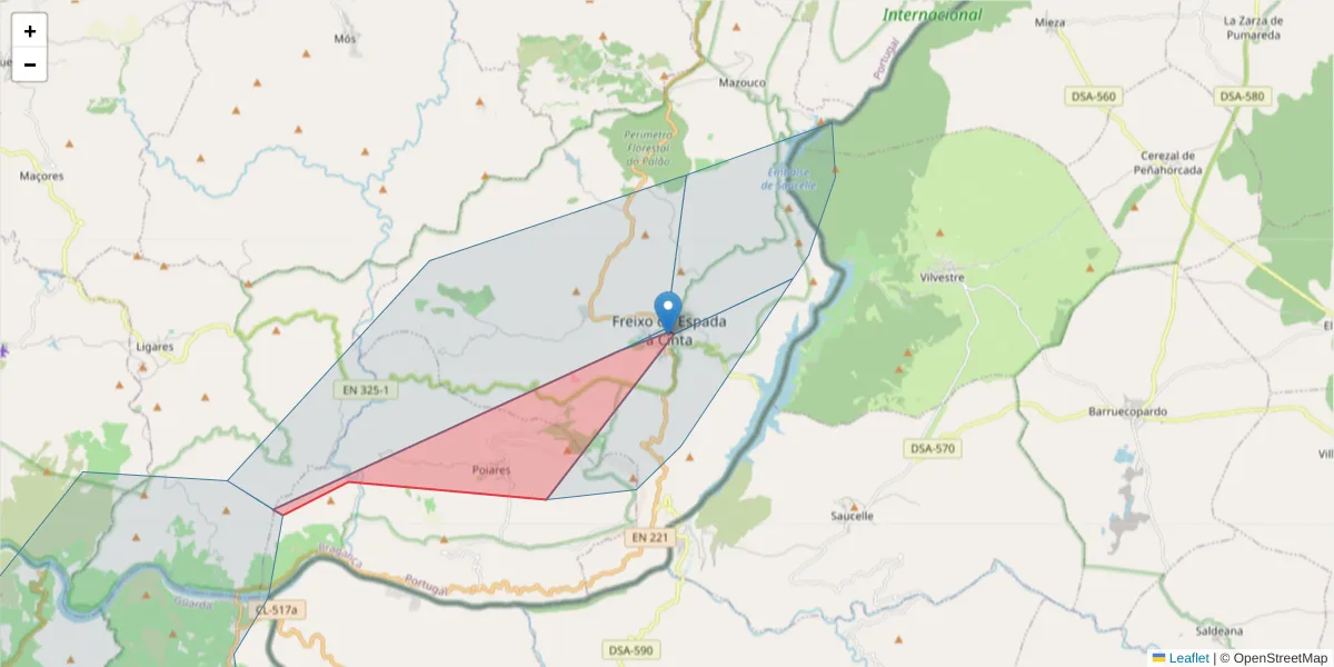 Mapa detalhado do código postal 5180-104 Freixo de Espada à Cinta com limites, códigos postais vizinhos e agências dos correios