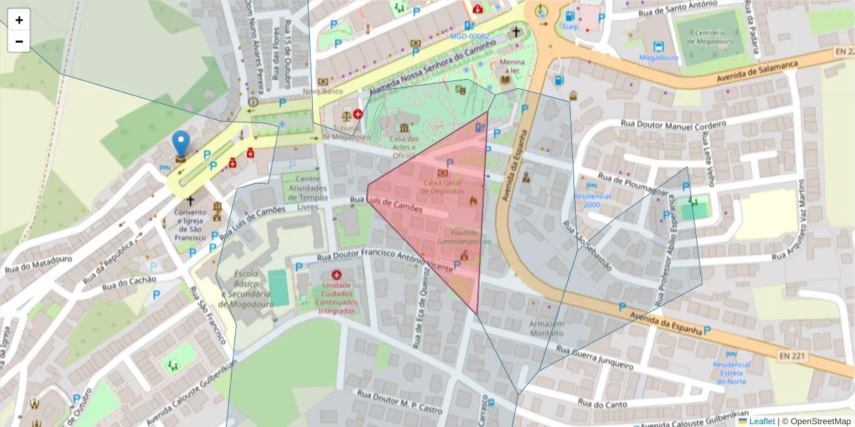 Mapa detalhado do código postal 5200-206 com limites, códigos postais vizinhos e agências dos correios