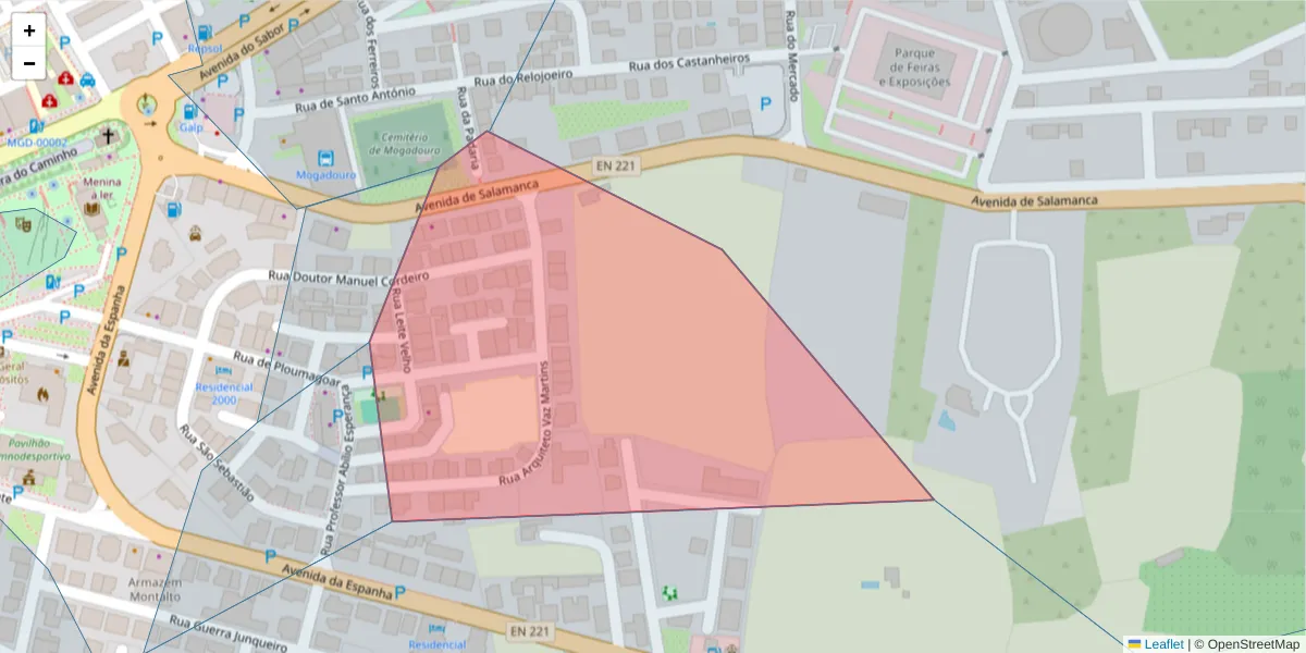 Mapa detalhado do código postal 5200-214 com limites, códigos postais vizinhos e agências dos correios