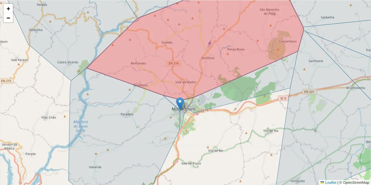 Mapa detalhado do código postal 5200-216 Mogadouro com limites, códigos postais vizinhos e agências dos correios
