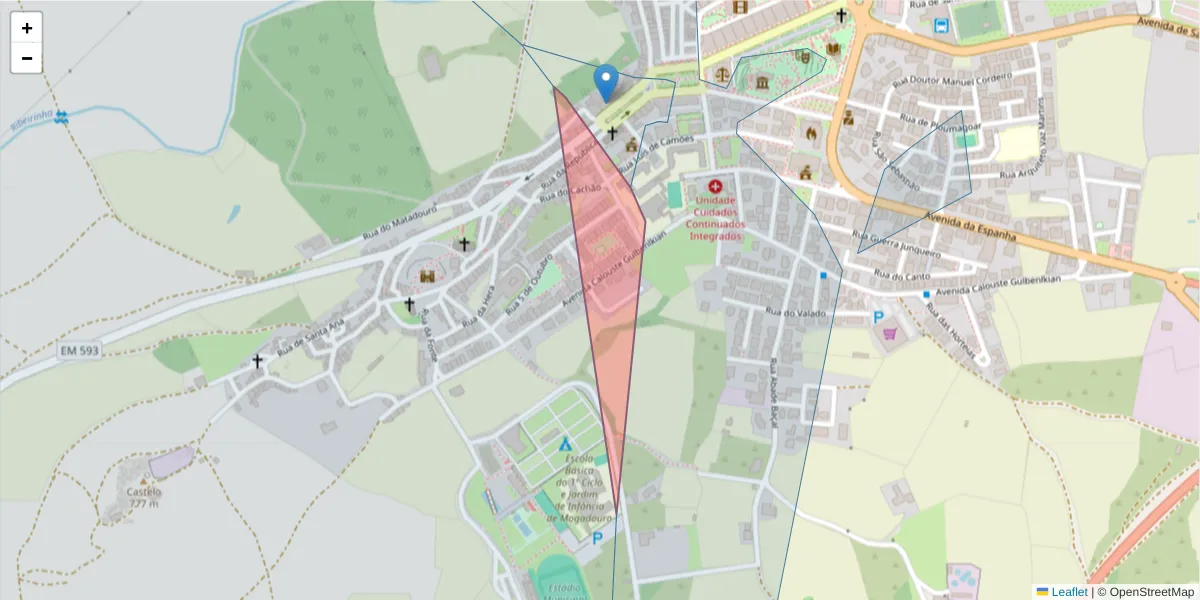 Mapa detalhado do código postal 5200-233 com limites, códigos postais vizinhos e agências dos correios