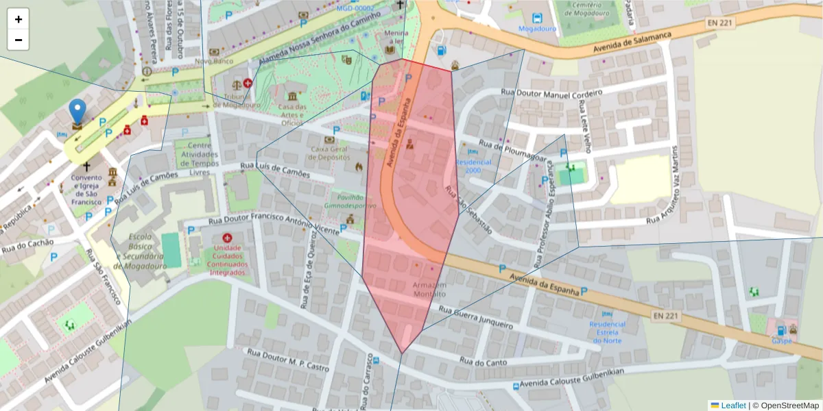 Mapa detalhado do código postal 5200-264 com limites, códigos postais vizinhos e agências dos correios